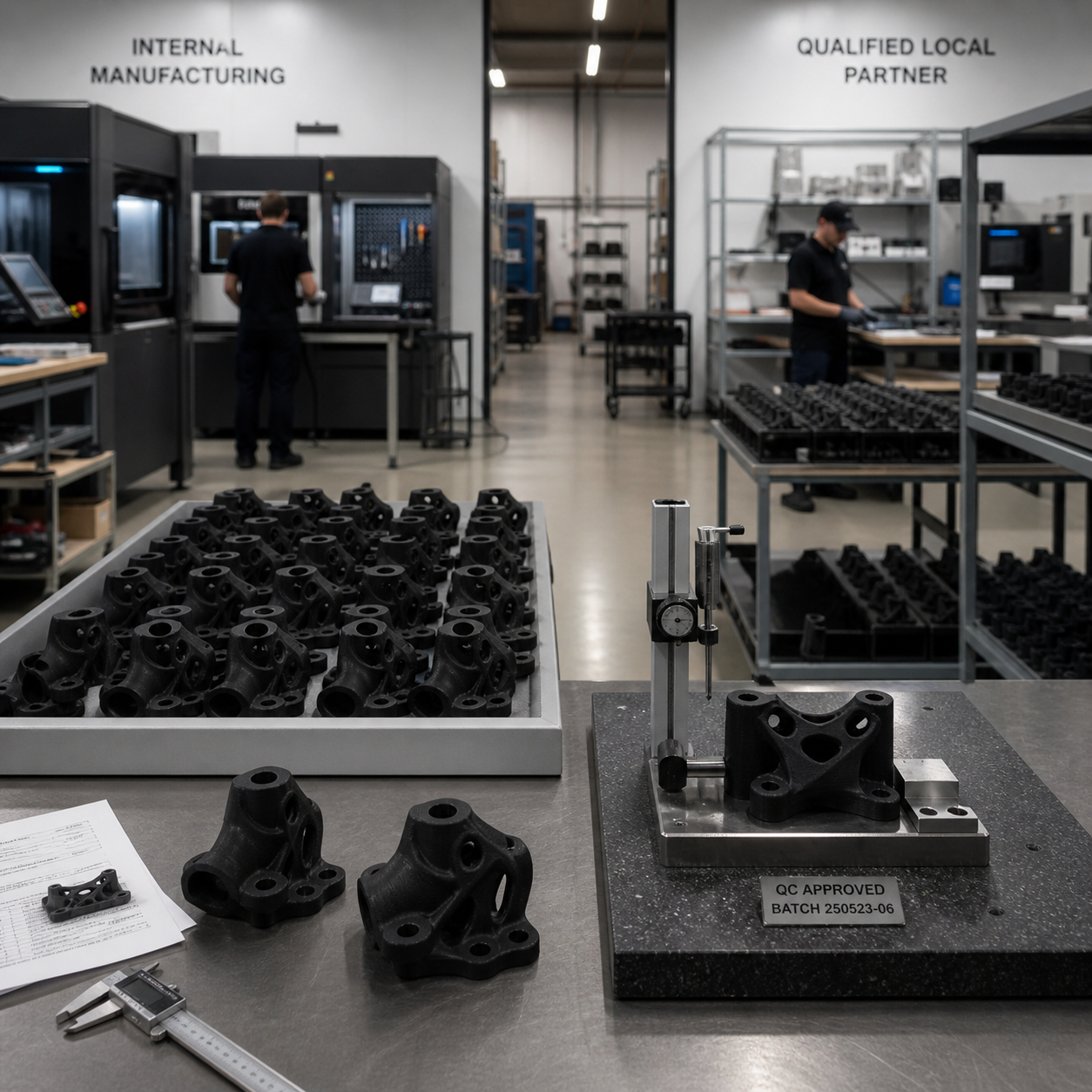 Environnement de production locale qualifiée avec pièces industrielles inspectées
