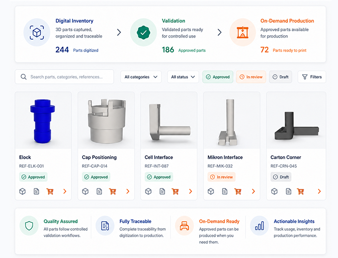 Interface GhostMatter montrant la validation d une pièce, sa préparation à la production, ses routes approuvées et son statut de traçabilité