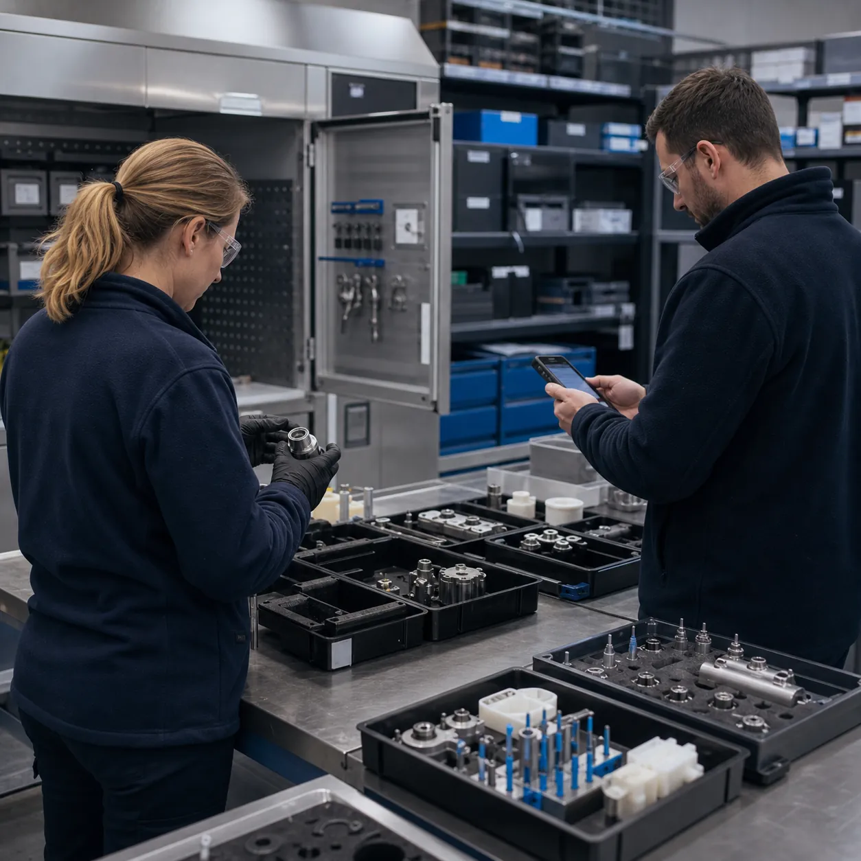 Technicien accédant à des pièces de support aérospatiales et à leur documentation gouvernée