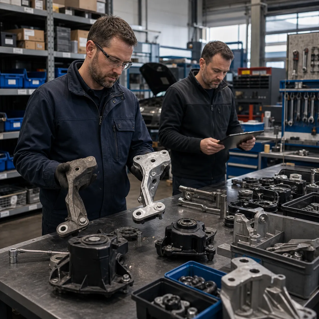 Équipe support automobile examinant anciennes pièces de service et échantillons de révision