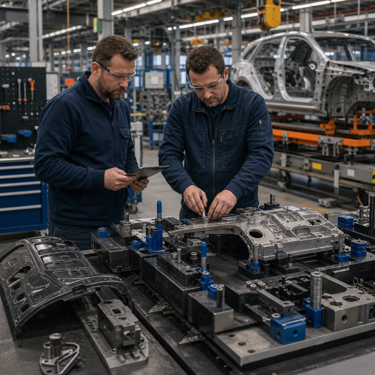 Technicien automobile travaillant avec outillage de ligne et montages de support production