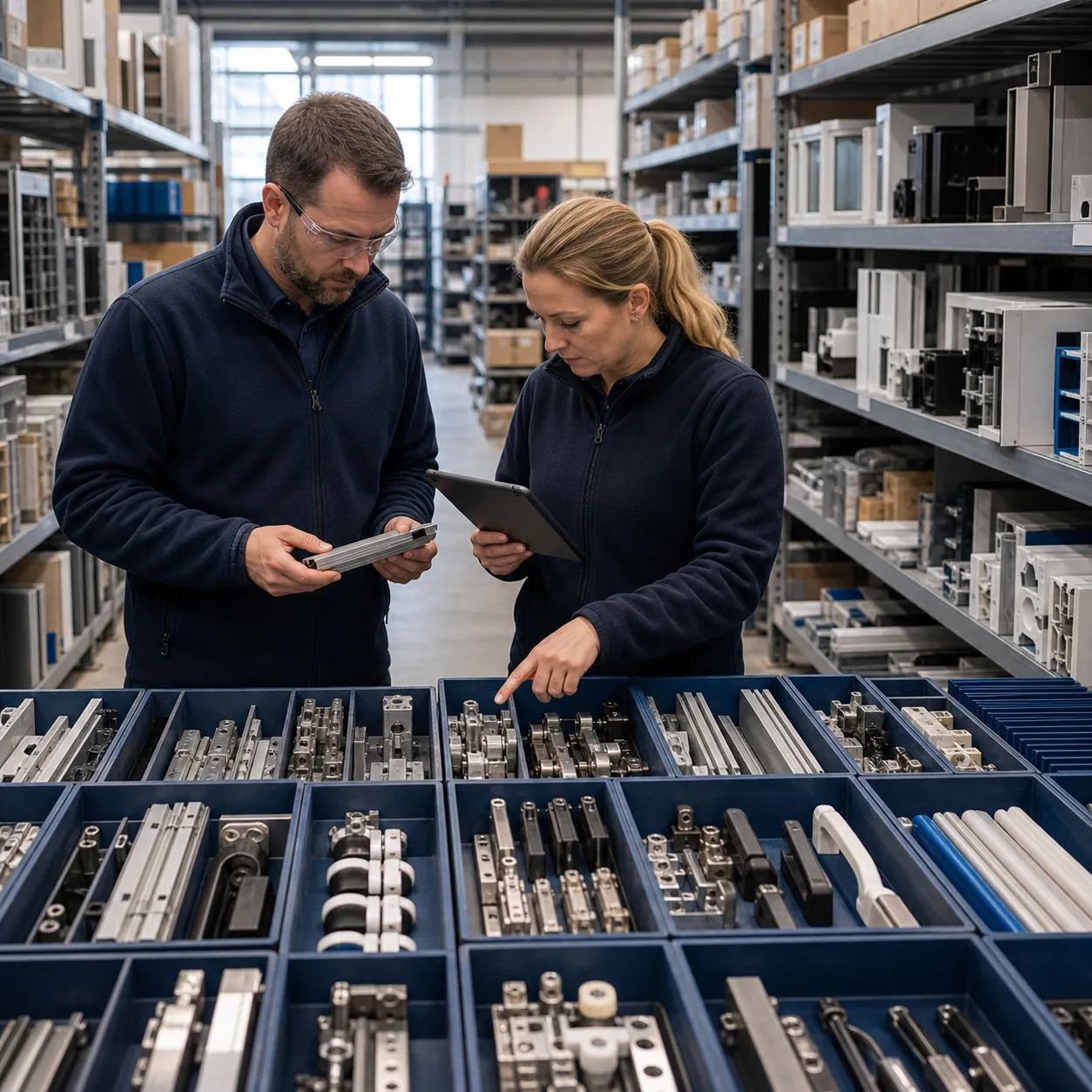 Équipe produits du bâtiment examinant des pièces de remplacement non structurelles longue traîne