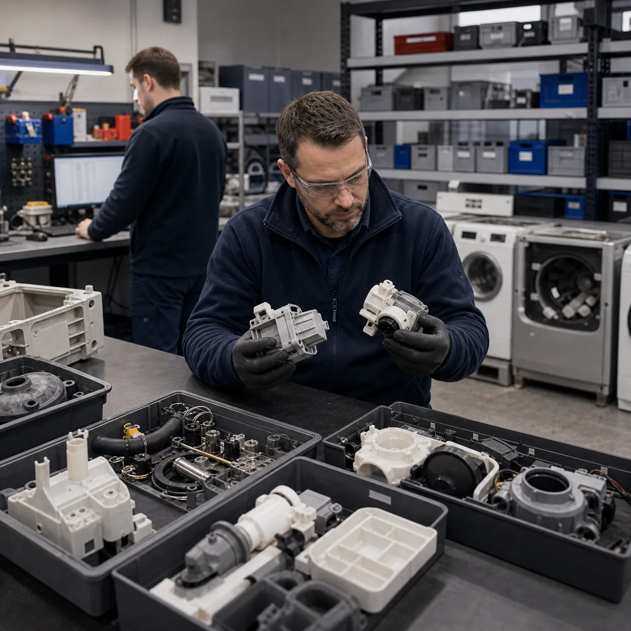 Technicien après-vente gérant des pièces de remplacement longue traîne pour biens de consommation