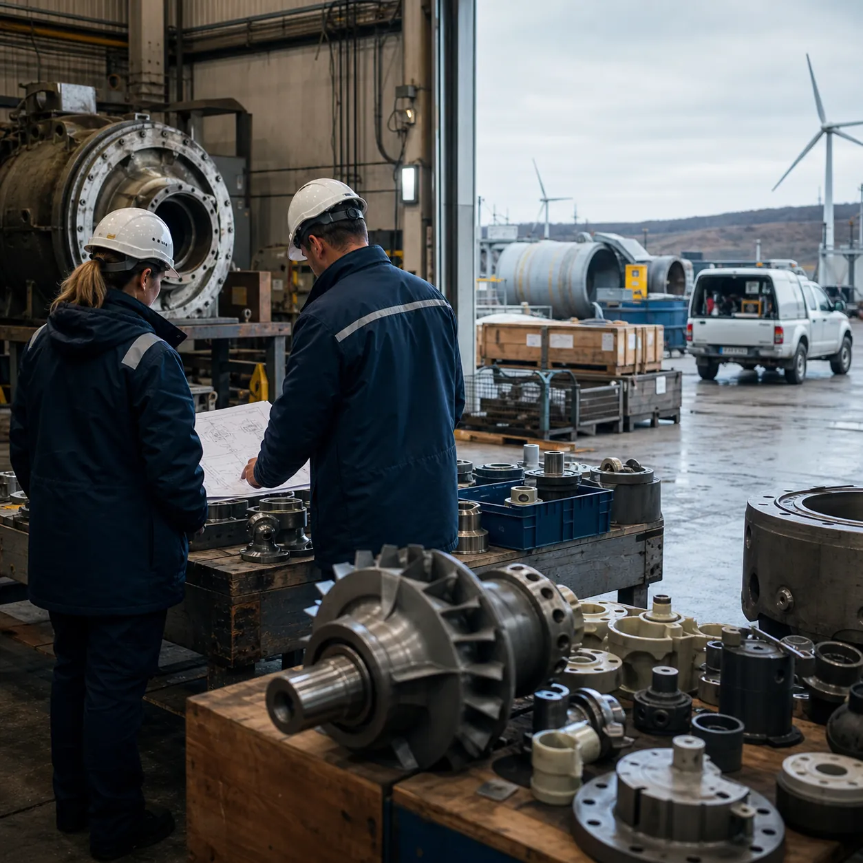 Équipe maintenance énergie préparant des pièces critiques pour actifs distribués