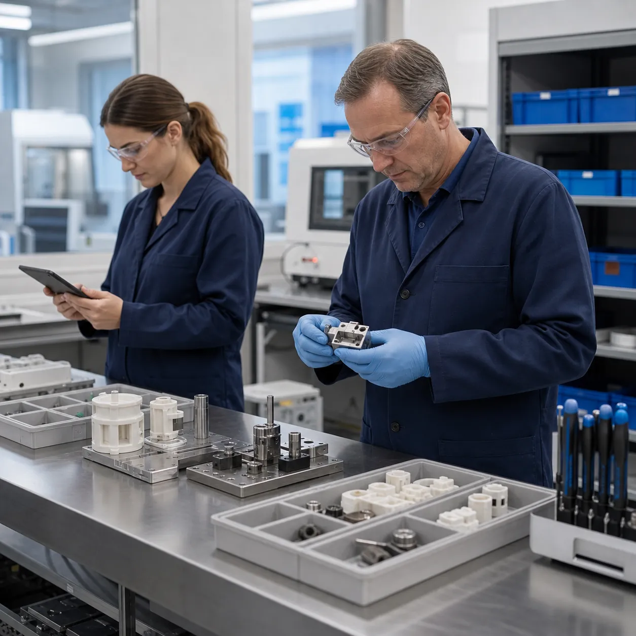 Équipe de fabrication de dispositifs médicaux manipulant pièces de support non cliniques et outillage