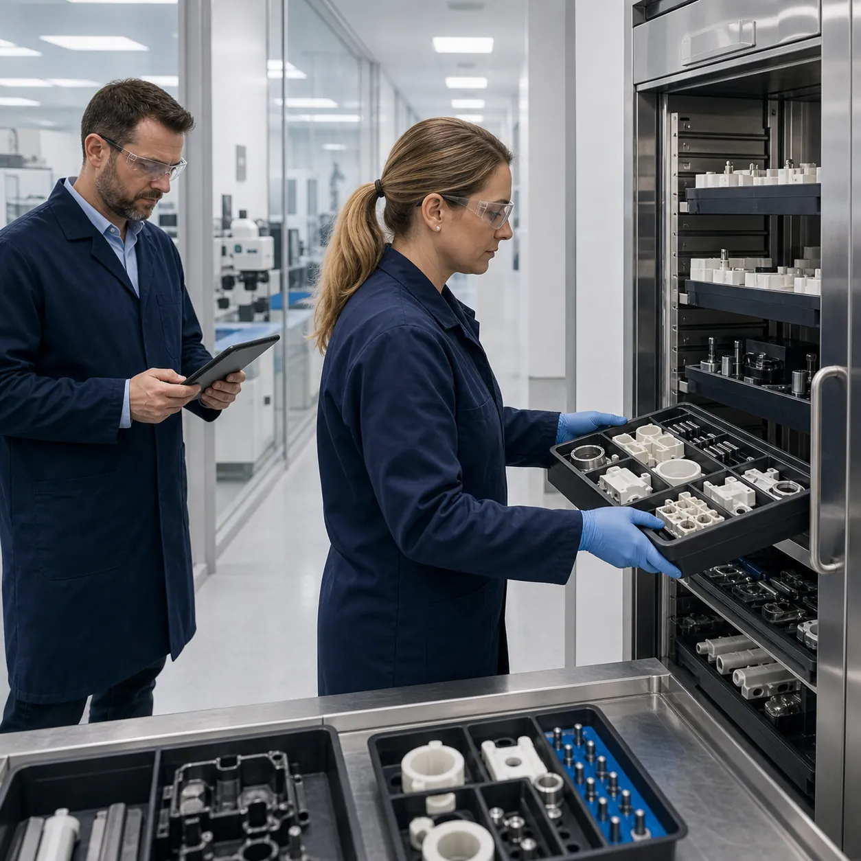 Technicien qualité mesurant une aide à la fabrication de dispositif médical avec enregistrements contrôlés