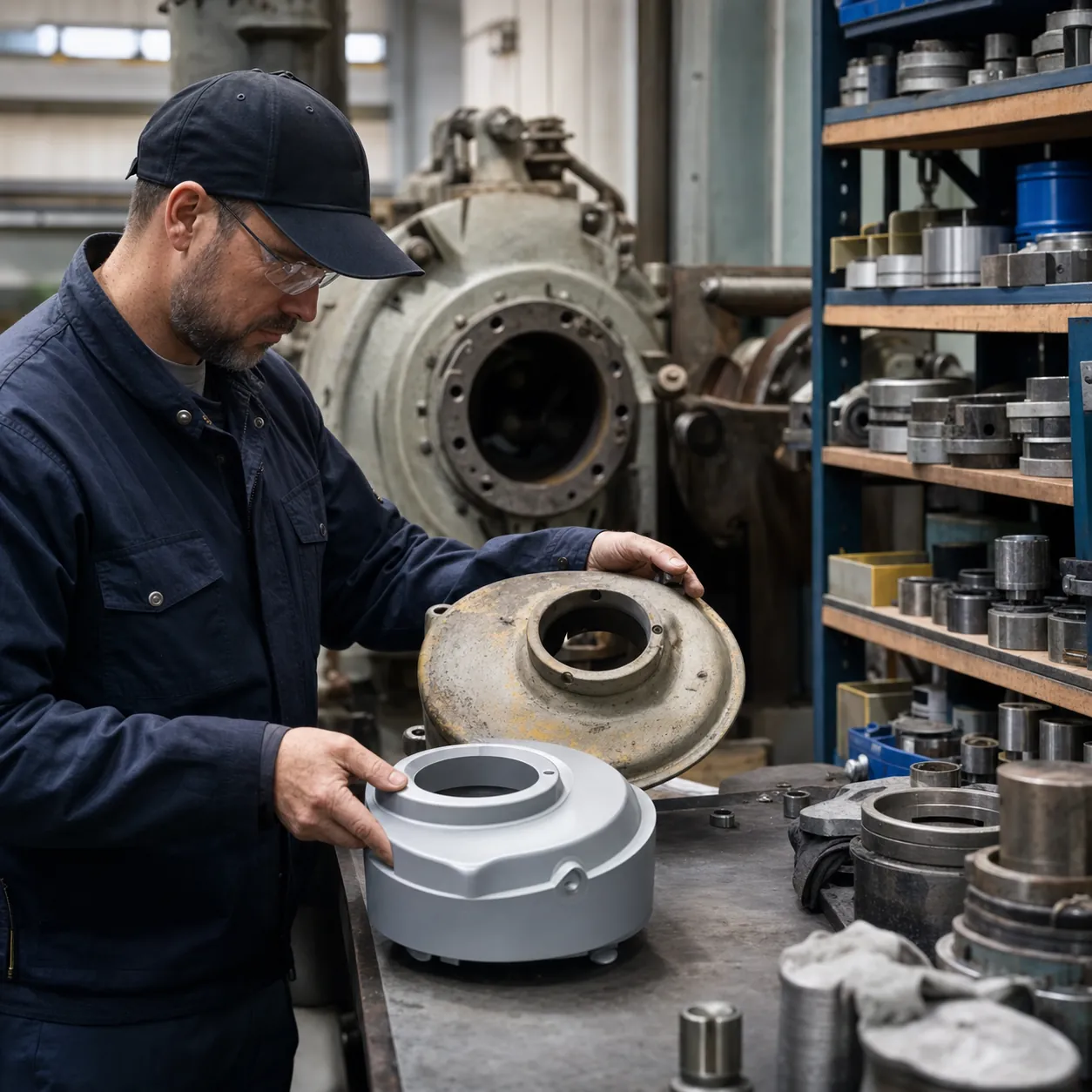 Technicien de maintenance comparant des pièces de rechange longue traîne pour équipements industriels