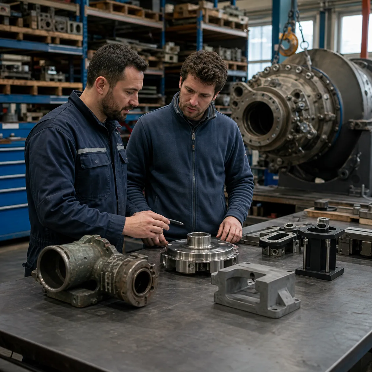 Technicien examinant stock, inventaire numérique et options de requalification pour des pièces de rechange