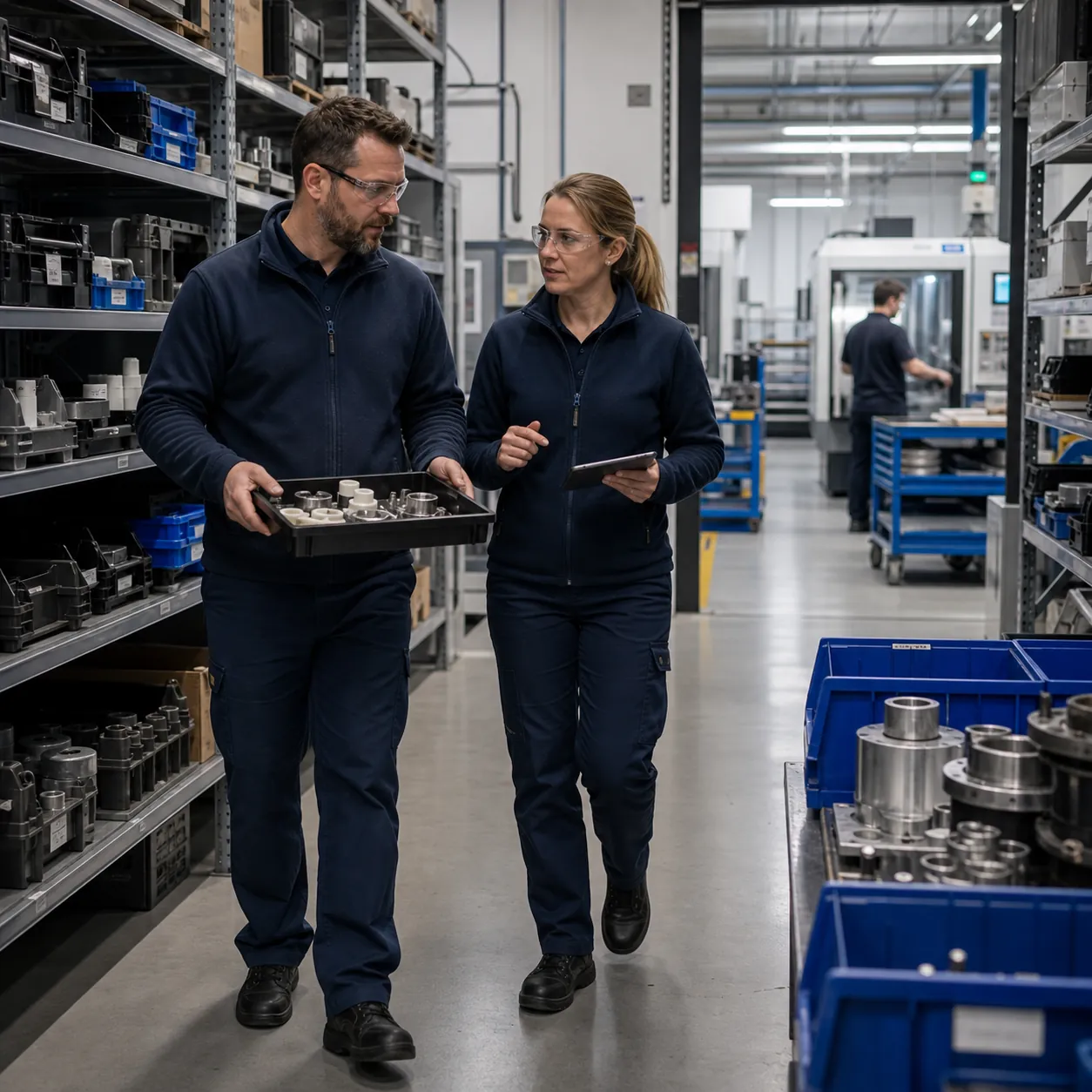 Ingénieur évaluant des pièces candidates pour stock, inventaire numérique et revue complémentaire