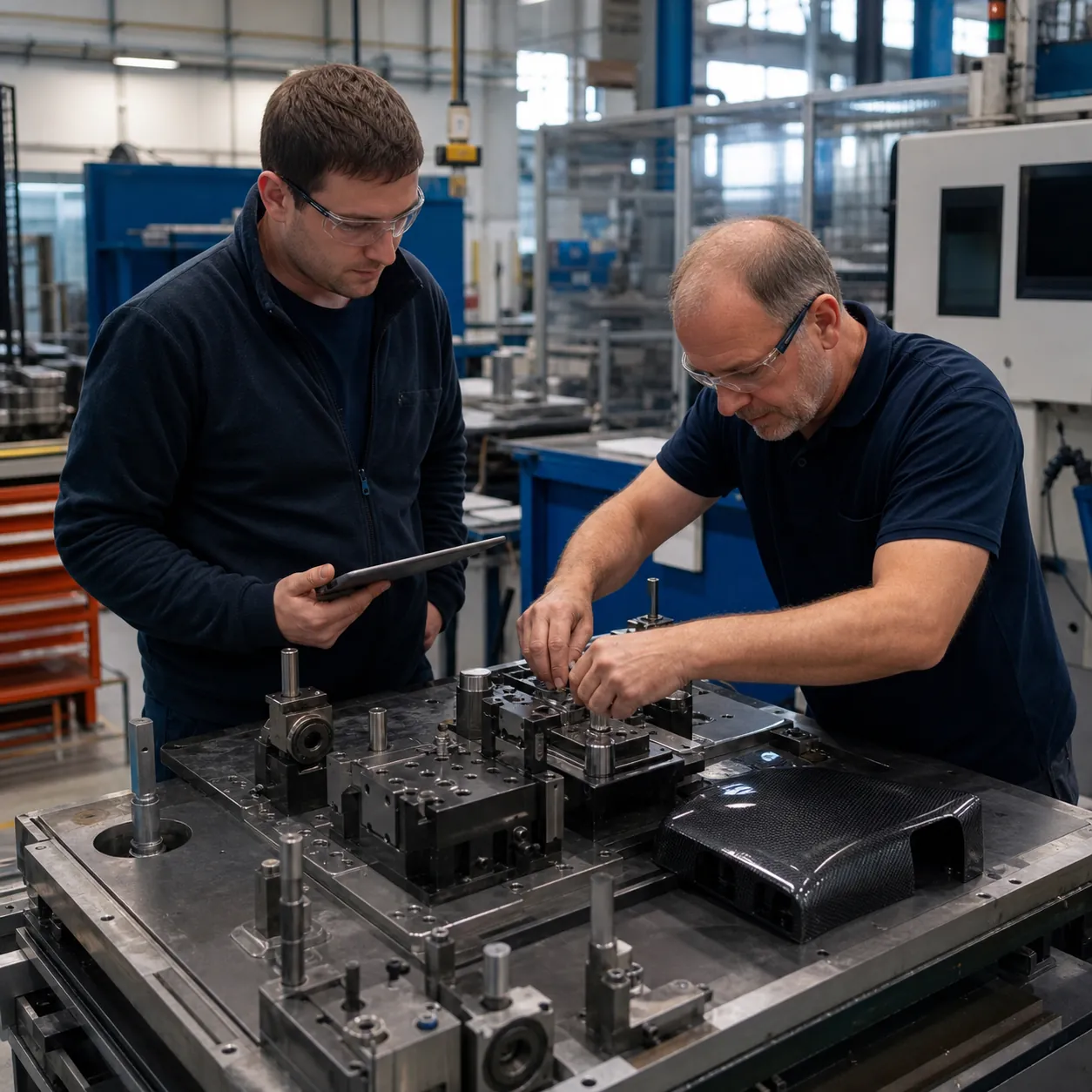 Équipe d’industrie manufacturière connectant fichiers d’outillage et flux de production contrôlés
