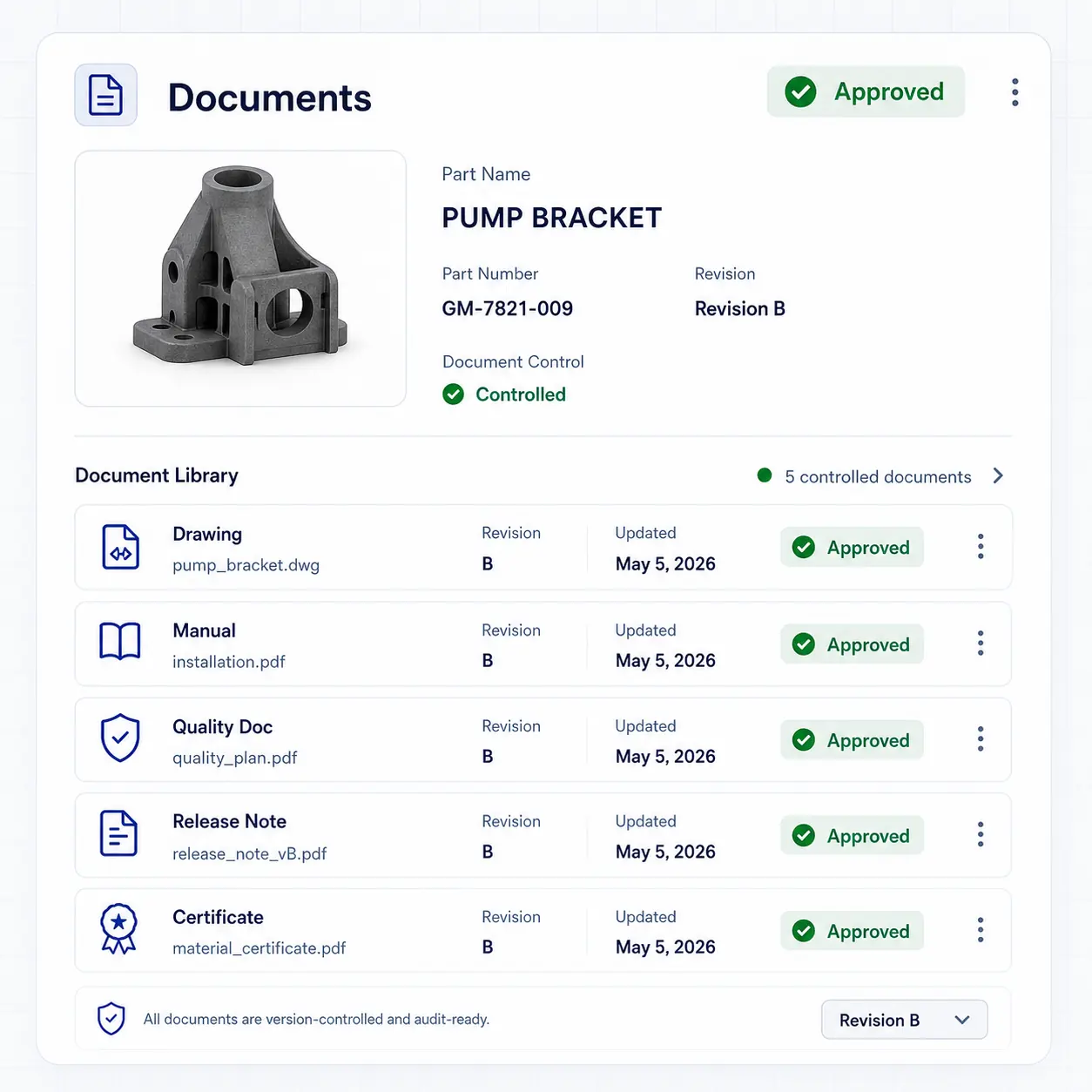 Interface GhostMatter de documents montrant plans contrôlés, manuels, documents qualité, notes de version et certificats attachés à un enregistrement pièce industriel