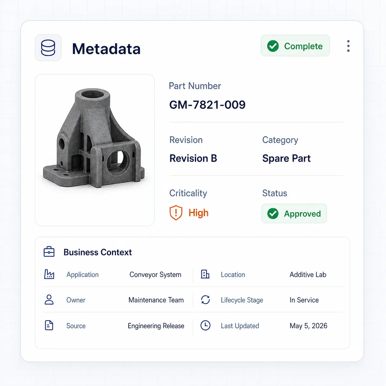 Interface GhostMatter de métadonnées montrant référence pièce, révision, catégorie, criticité et statut d'approbation pour une pièce de rechange industrielle