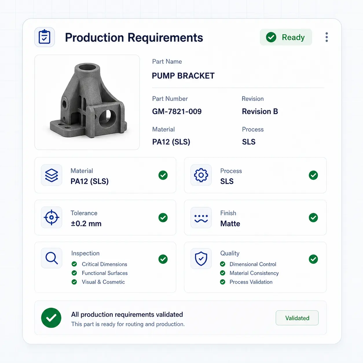 Interface GhostMatter d'exigences de production montrant matière, procédé, tolérances, finition, inspection, qualité et statut validé
