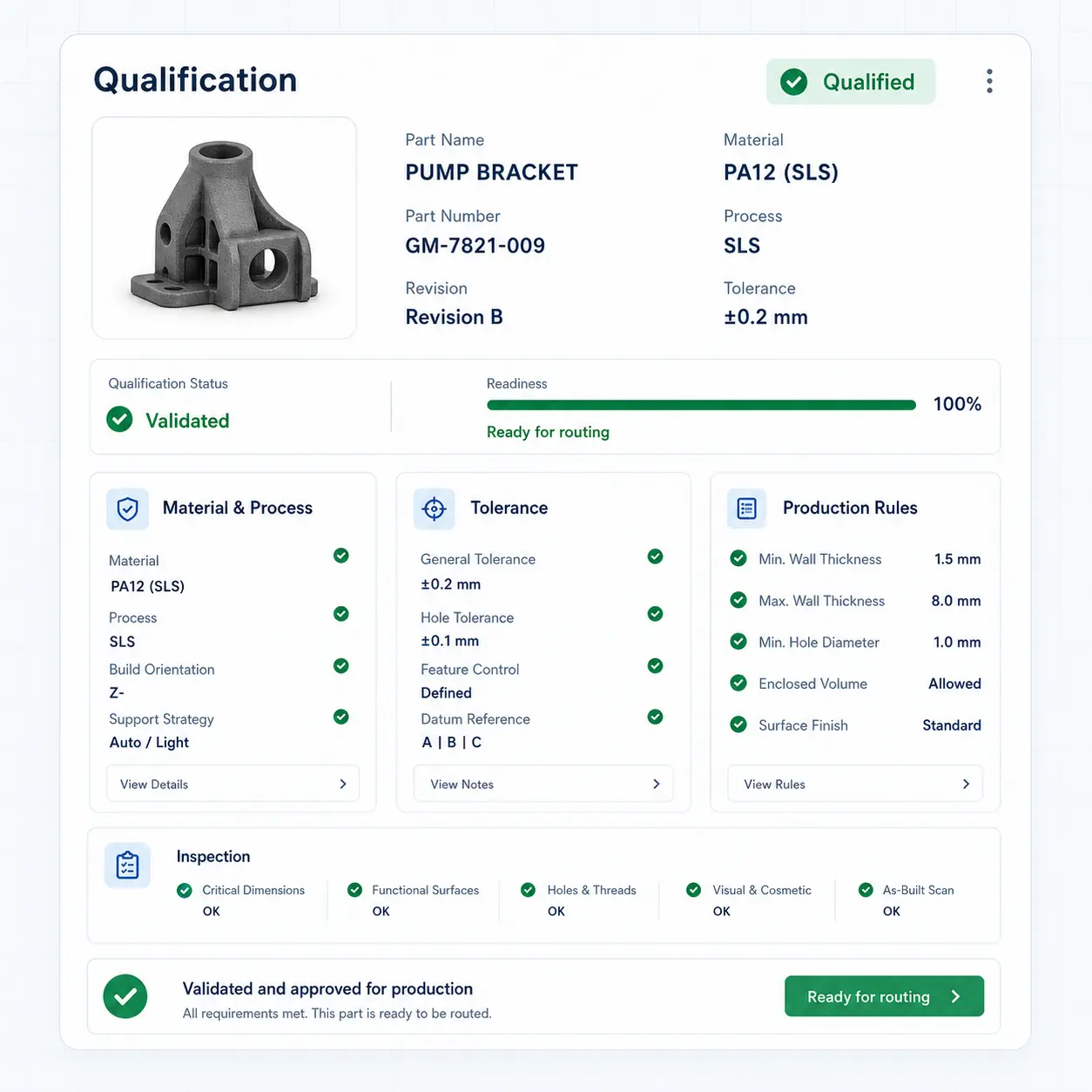 Interface GhostMatter de qualification avec matière, tolérances, statut de validation et règles de production pour une pièce industrielle