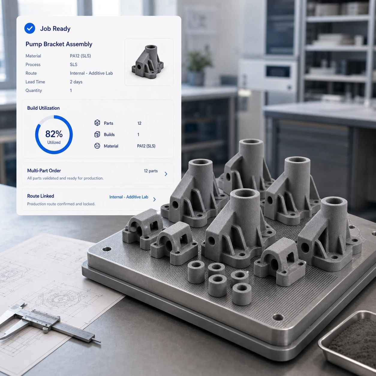 Préparation de job de fabrication additive avec plusieurs pièces PA12 arrangées pour l'utilisation du build et le routage de production lié.