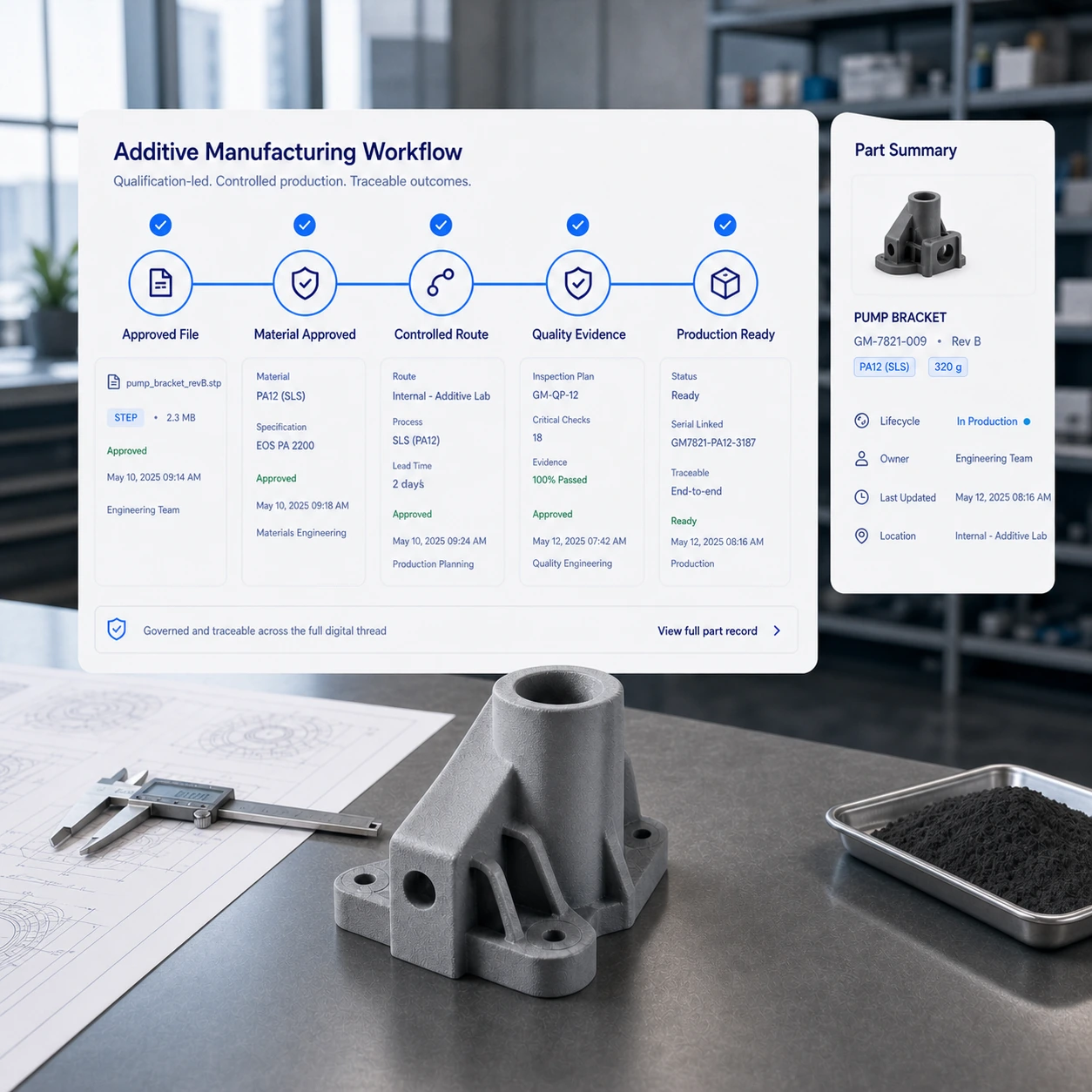 Workflow de fabrication additive du fichier approuvé à la validation matière, la route contrôlée et les preuves qualité.