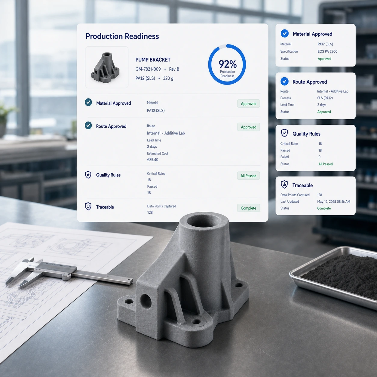 Pièce de fabrication additive industrielle avec contrôles de préparation à la production, informations de route approuvée et statut de traçabilité.