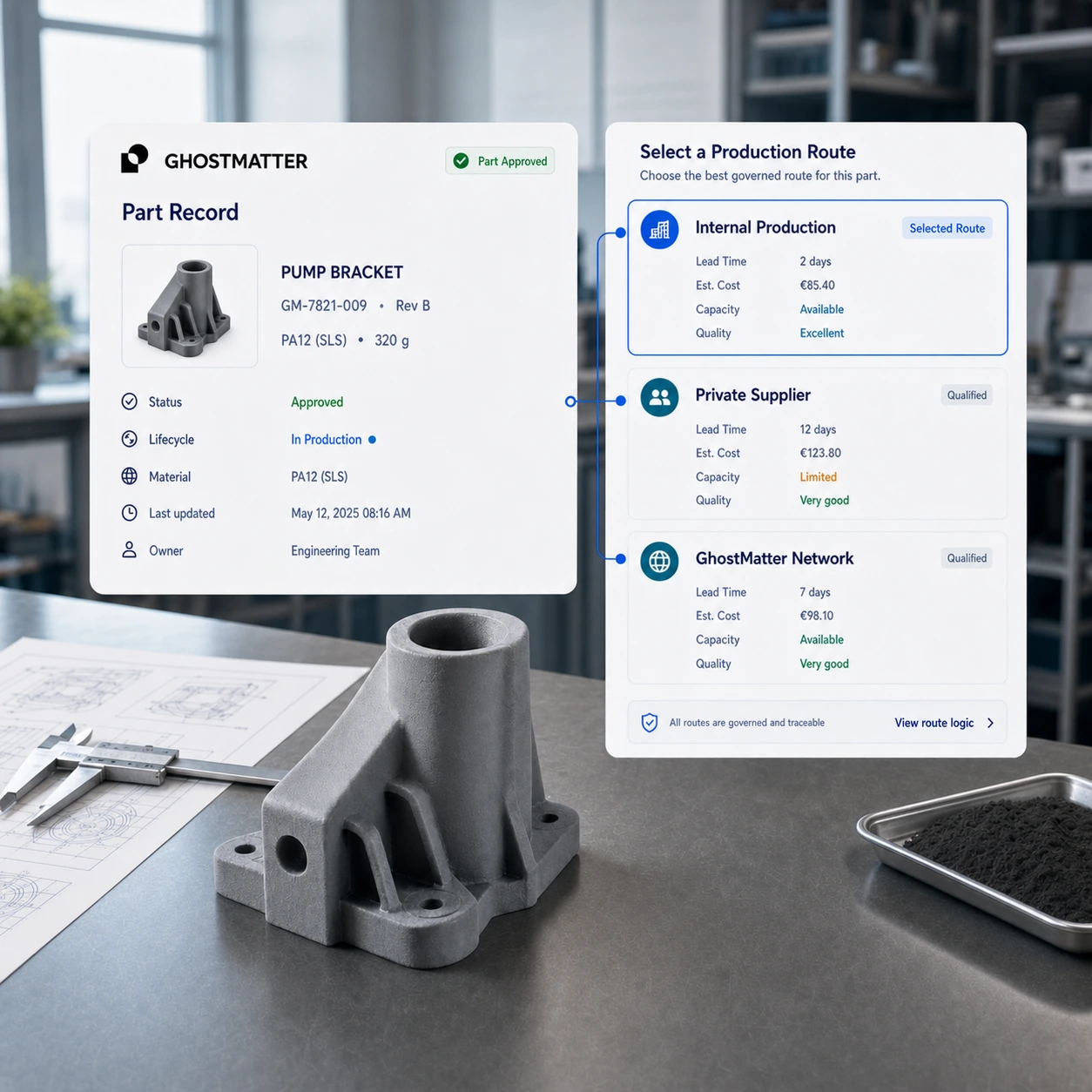 Sélection de route cloud manufacturing reliant une pièce industrielle à des options de production interne, fournisseur privé et réseau GhostMatter.