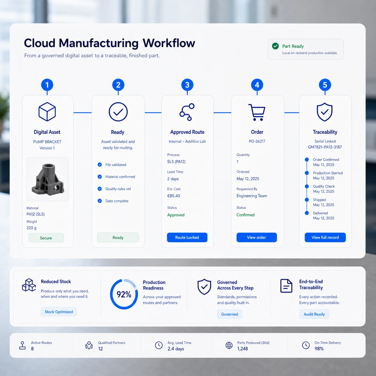 Workflow cloud manufacturing de l'actif numérique à la route approuvée, à la commande et à la traçabilité.