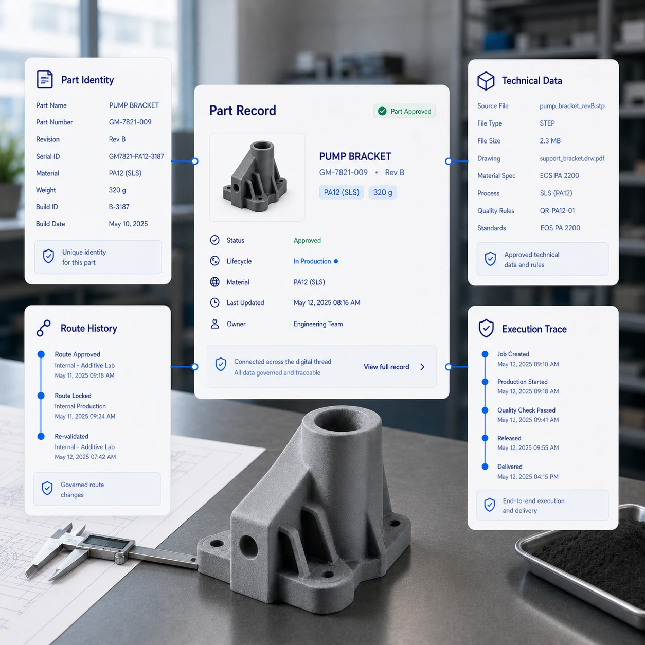 Workflow d'actif connecté reliant identité pièce, données techniques, historique de route et trace d'exécution.