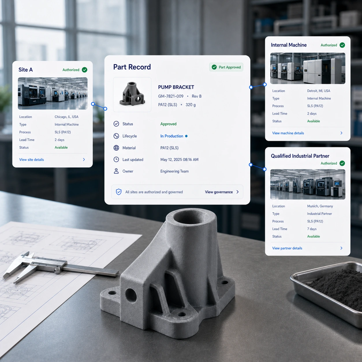 Vue de fabrication distribuée reliant un enregistrement pièce approuvé à des sites de production internes et partenaires autorisés.