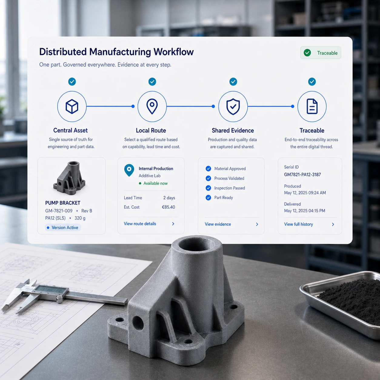 Workflow de fabrication distribuée reliant actif central, route locale, preuves partagées et traçabilité.