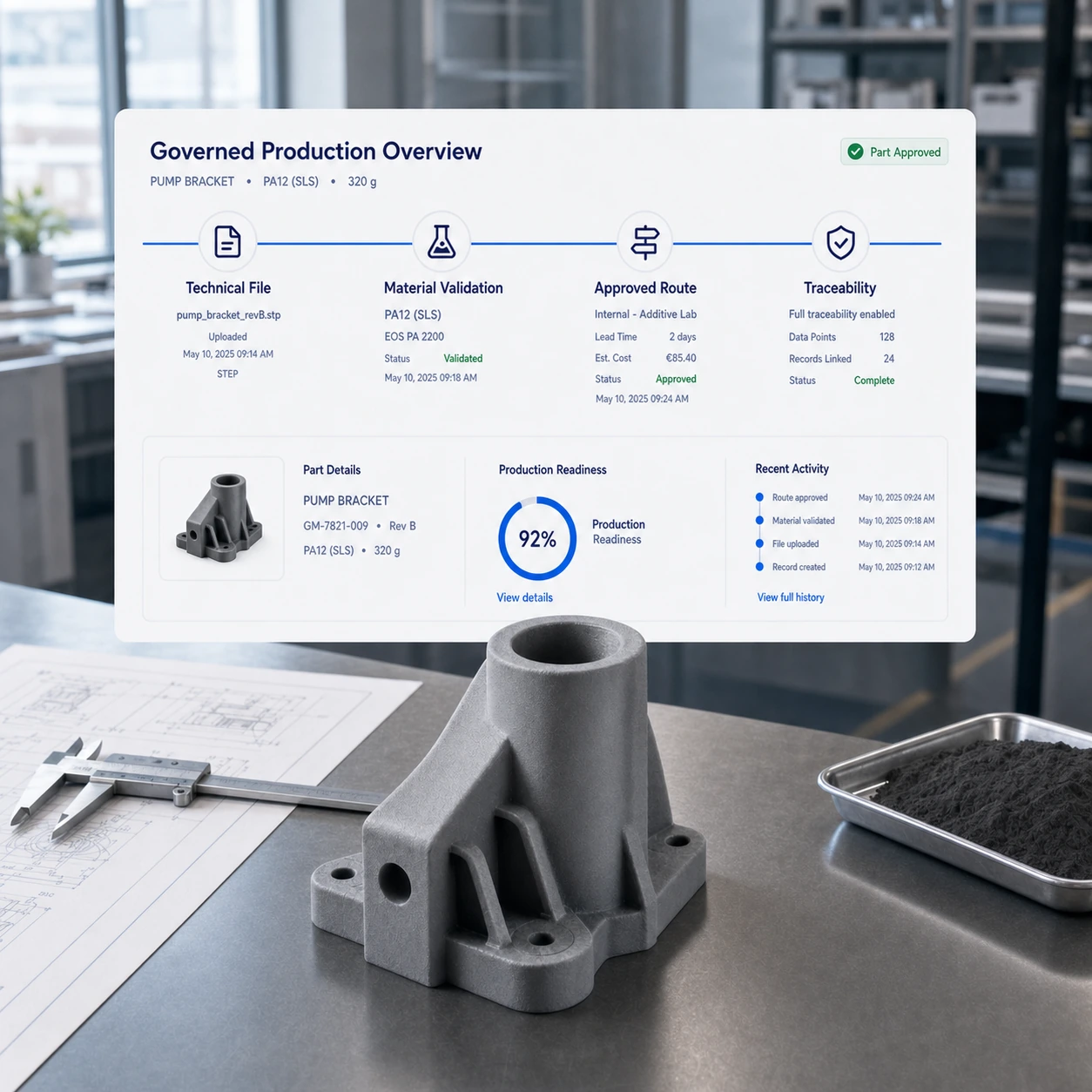 Visuel d'impression 3D industrielle avec fichier technique, validation matière et route de production approuvée.