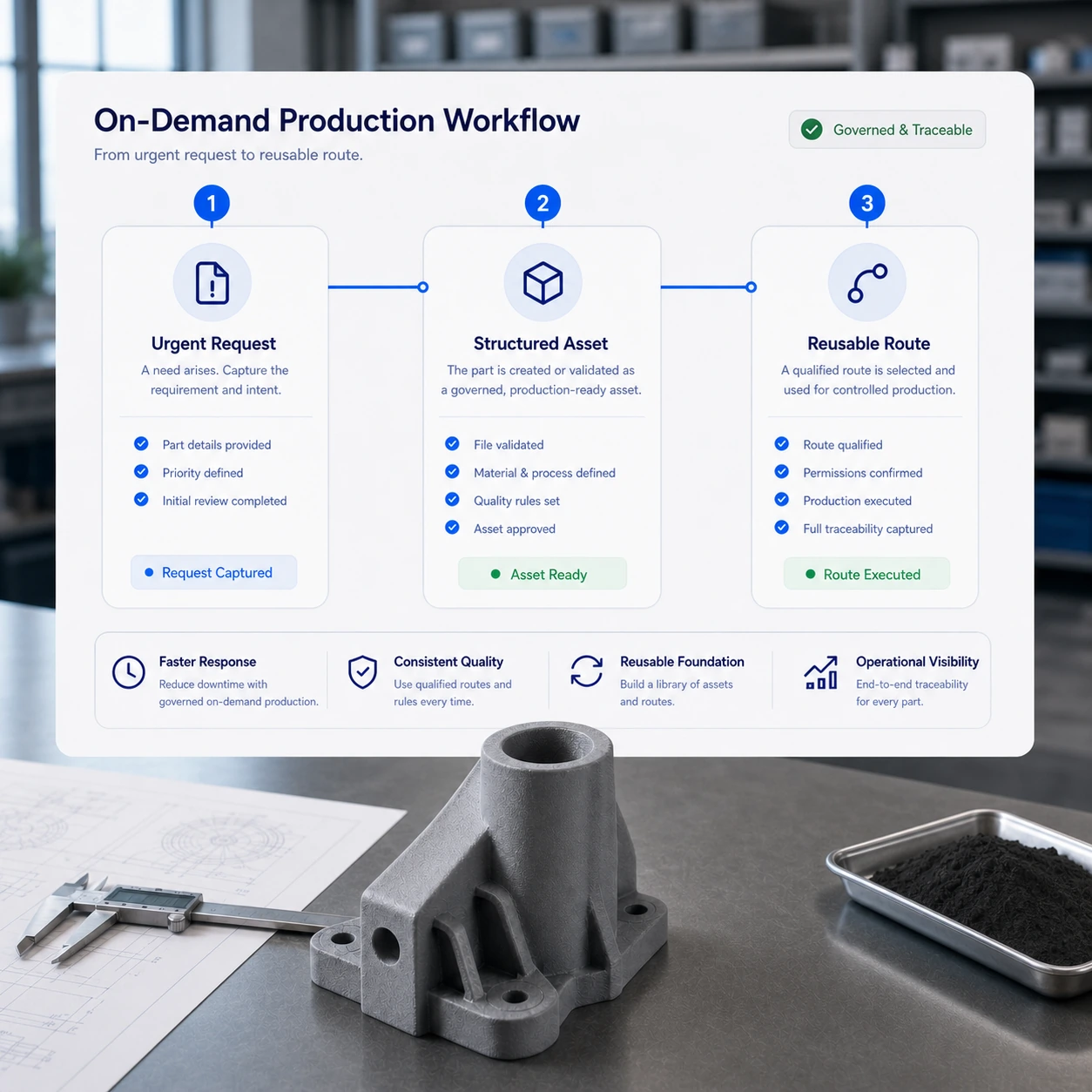 Workflow montrant une demande urgente d'impression 3D devenir un actif gouverné réutilisable.
