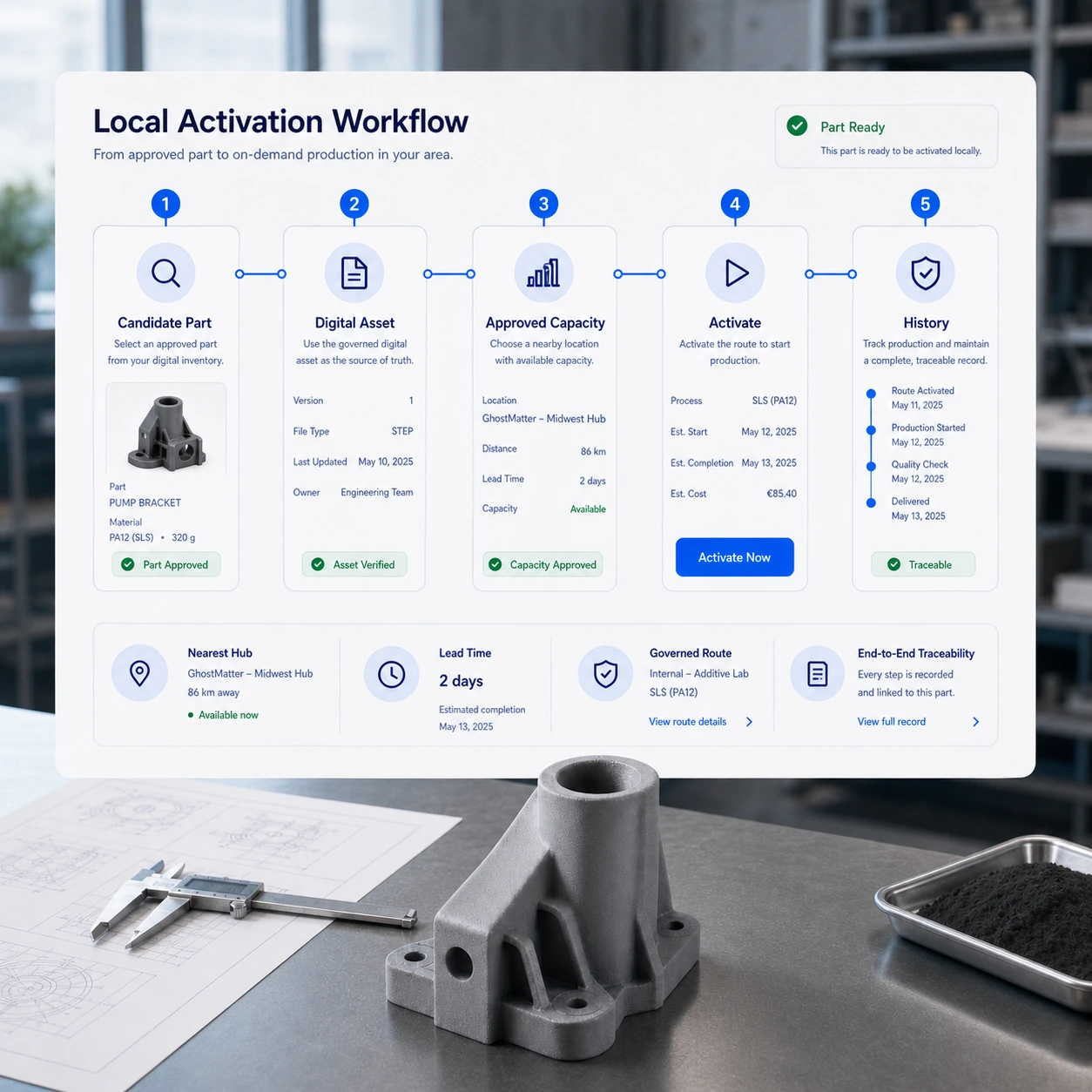 Workflow de production locale à la demande depuis pièce candidate jusqu'à actif numérique, capacité approuvée, activation et historique.