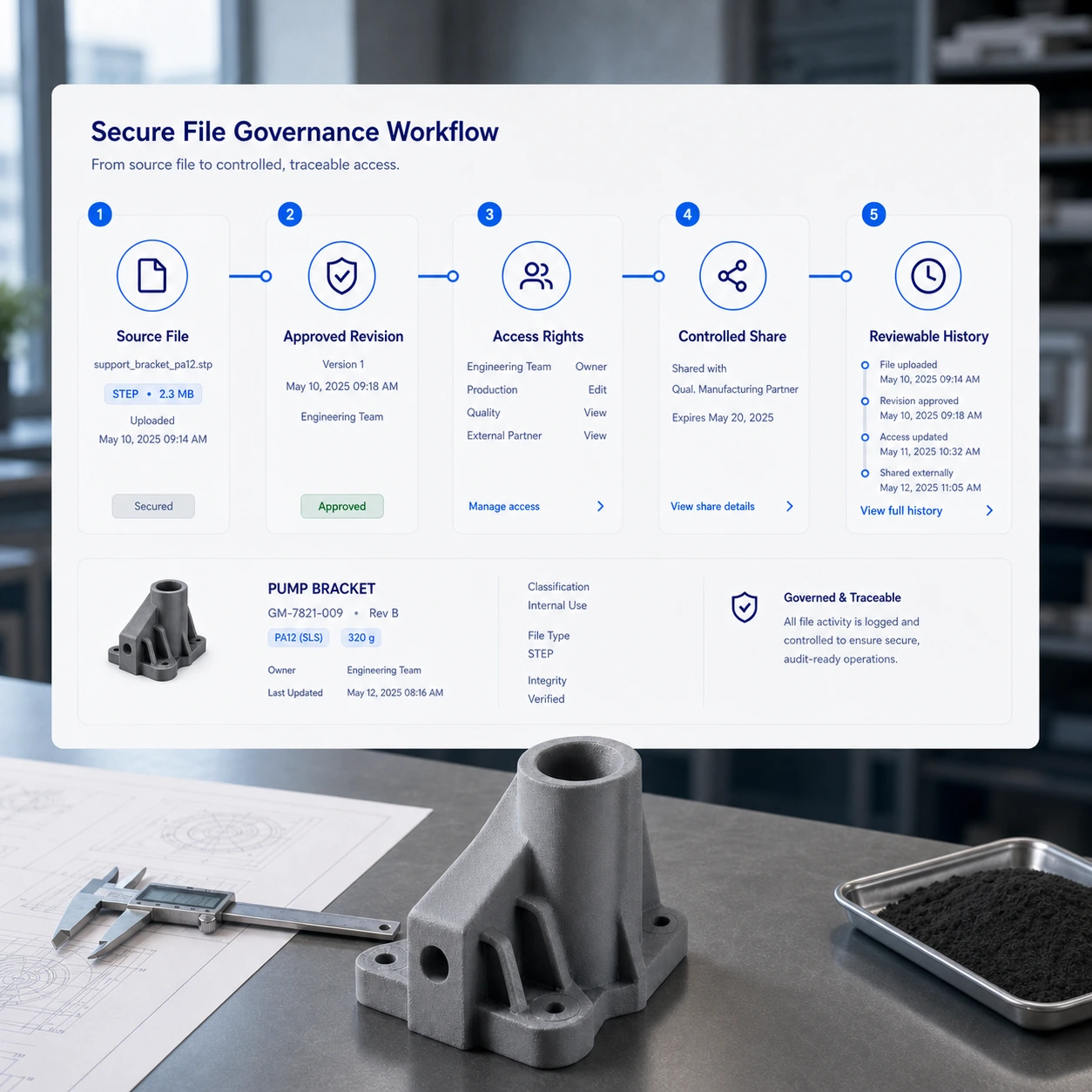 Workflow de fichier sécurisé du fichier source à la révision approuvée, aux droits d'accès, au partage contrôlé et à l'historique vérifiable.