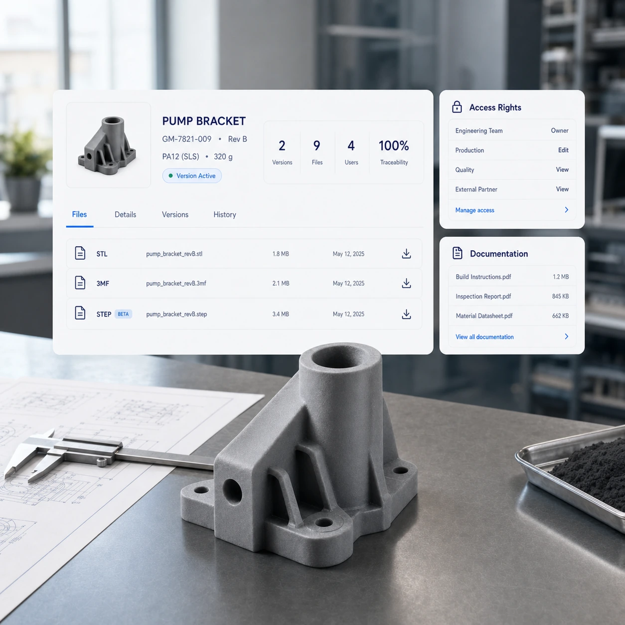 Interface de gestion sécurisée des fichiers 3D montrant formats, contrôle de versions, droits d'accès et documentation pour une pièce industrielle.