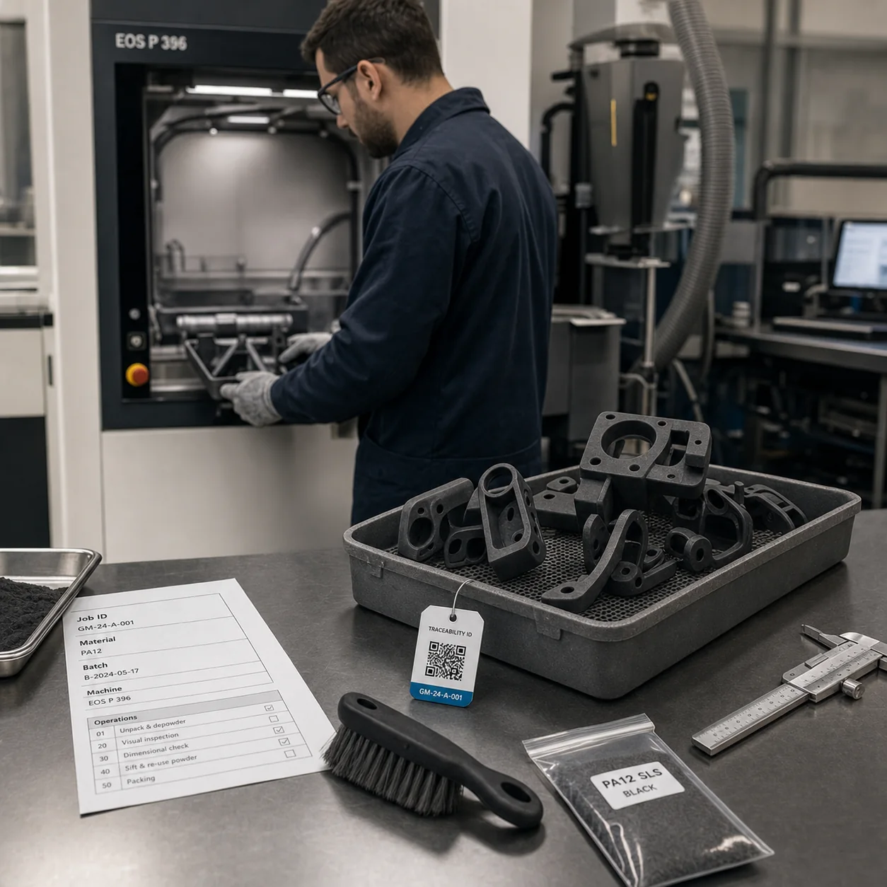 Cellule de production additive SLS industrielle avec opérateur, pièces PA12 en bac de fabrication, fiche suiveuse et étiquette de traçabilité.