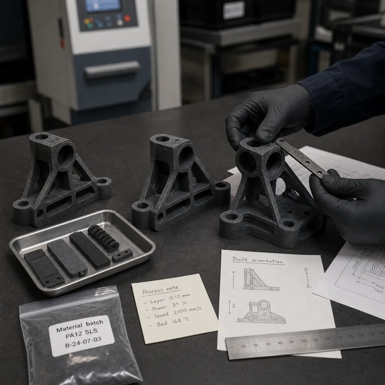 Revue de pilote de fabrication additive montrant des prototypes SLS similaires, preuves de lot matière, notes procédé et éprouvettes avant passage à l'échelle industrielle.