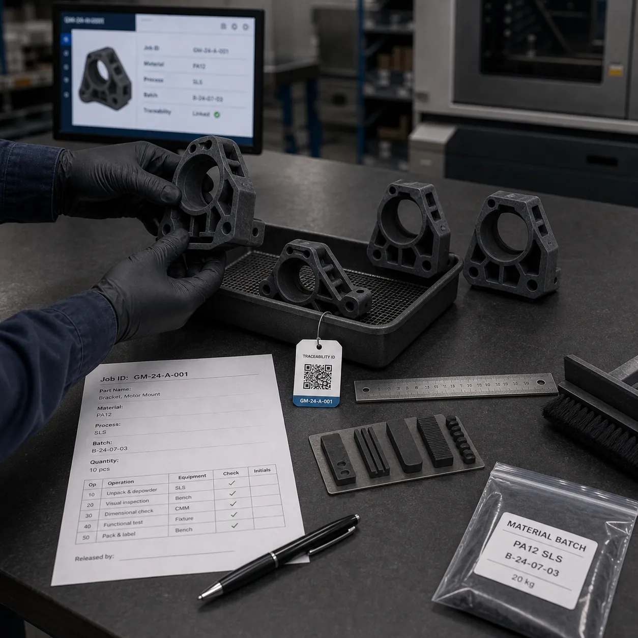 Workflow de fabrication additive gouverné avec lots PA12 répétables, plateau de production, fiche suiveuse, éprouvettes et étiquette de traçabilité.
