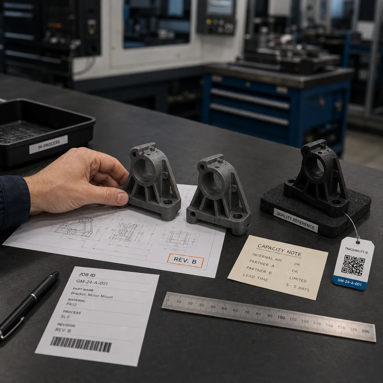 Revue de gouvernance de fabrication distribuée comparant échantillons de production, marques de révision, référence qualité, note de capacité et étiquette de traçabilité.