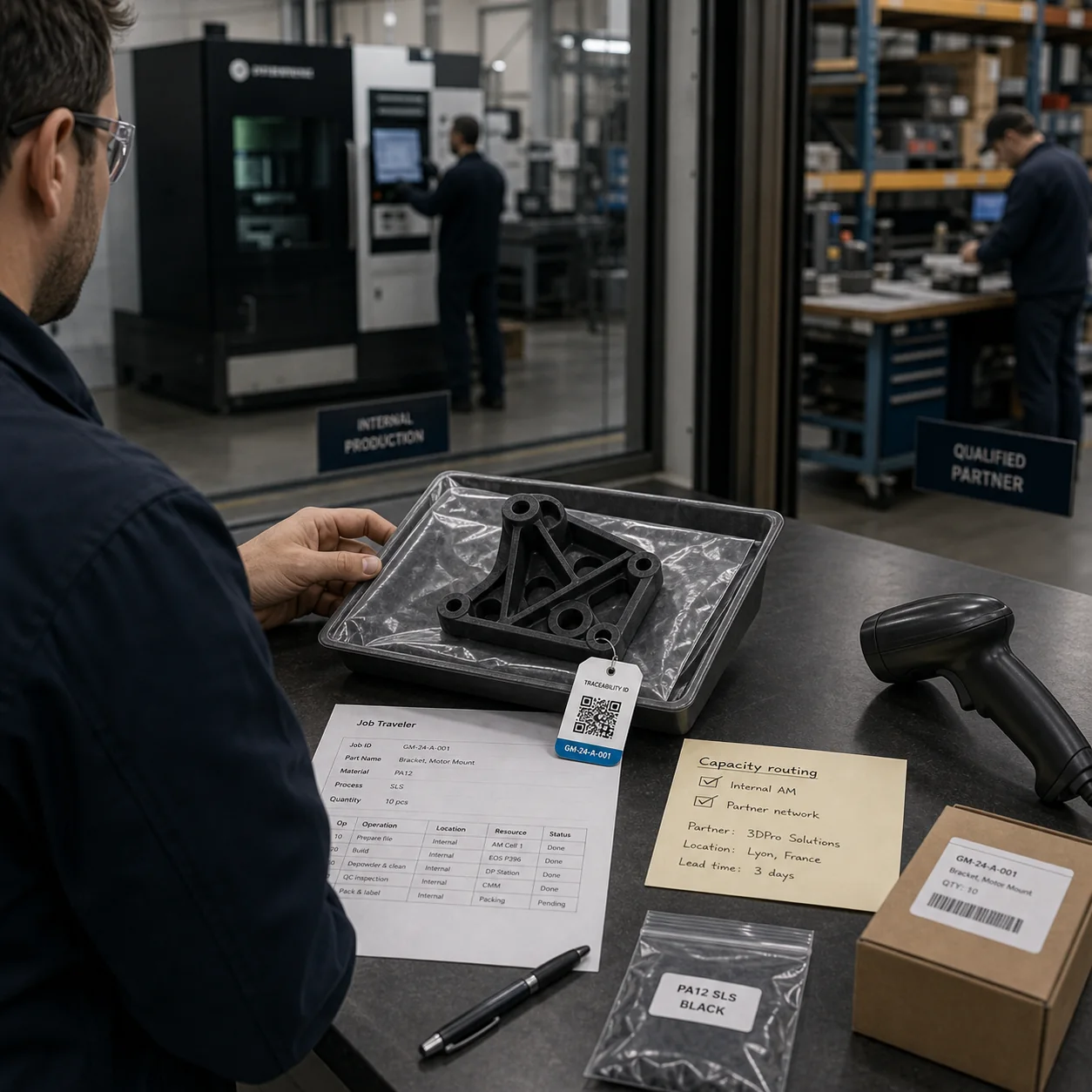 Poste de coordination de fabrication distribuée avec pièce polymère finie, plateau de production, note de routage, étiquette de traçabilité et capacité interne et partenaire qualifiée en arrière-plan.