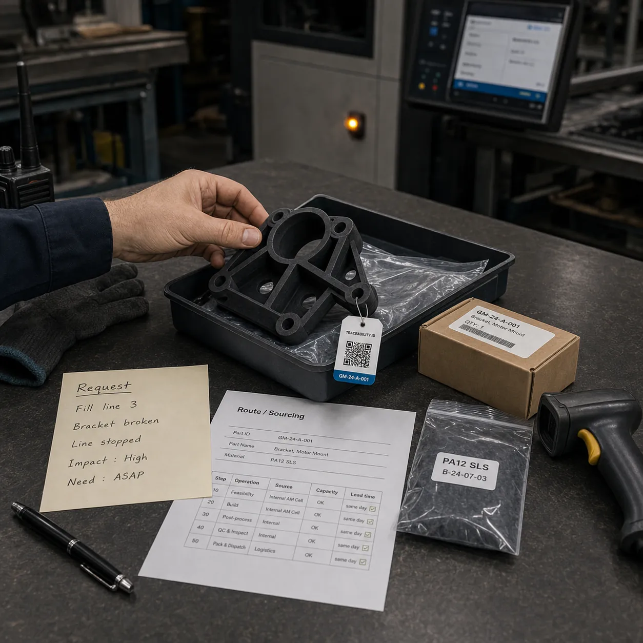 Activation contrôlée de sourcing d'urgence avec pièce de remplacement en plateau, fiche de routage, étiquette d'emballage, scanner, étiquette de traçabilité et IHM machine en arrière-plan.