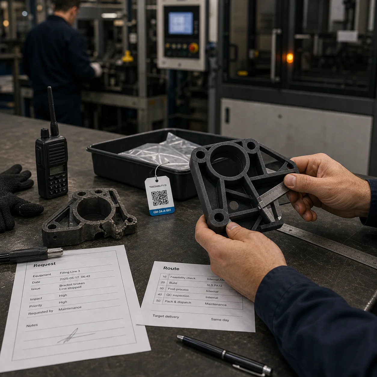 Réponse contrôlée de sourcing d'urgence avec pièce industrielle cassée, candidate de remplacement, mains de technicien, fiche de routage et étiquette de traçabilité près d'une cellule machine.