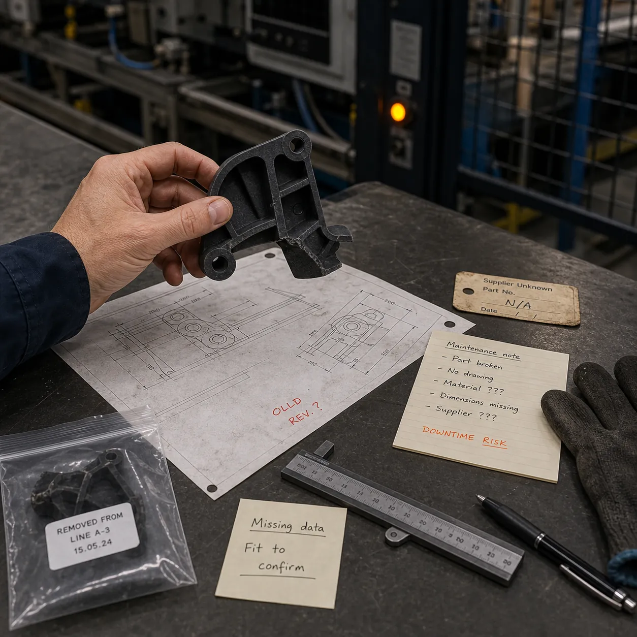 Diagnostic de risque de sourcing d'urgence avec pièce machine cassée, plan technique incomplet, notes de données manquantes, incertitude fournisseur et risque d'arrêt.