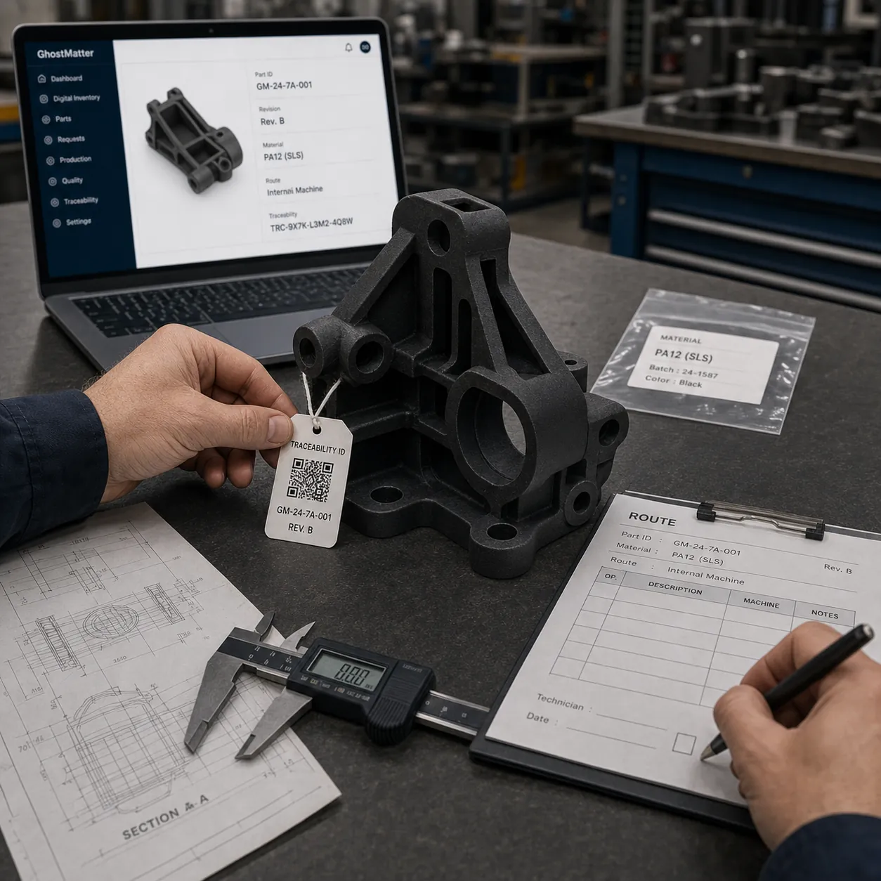 Workflow GhostMatter de maintenance industrielle montrant une demande convertie en actif numérique validé, route de production approuvée et enregistrement de traçabilité verrouillé.