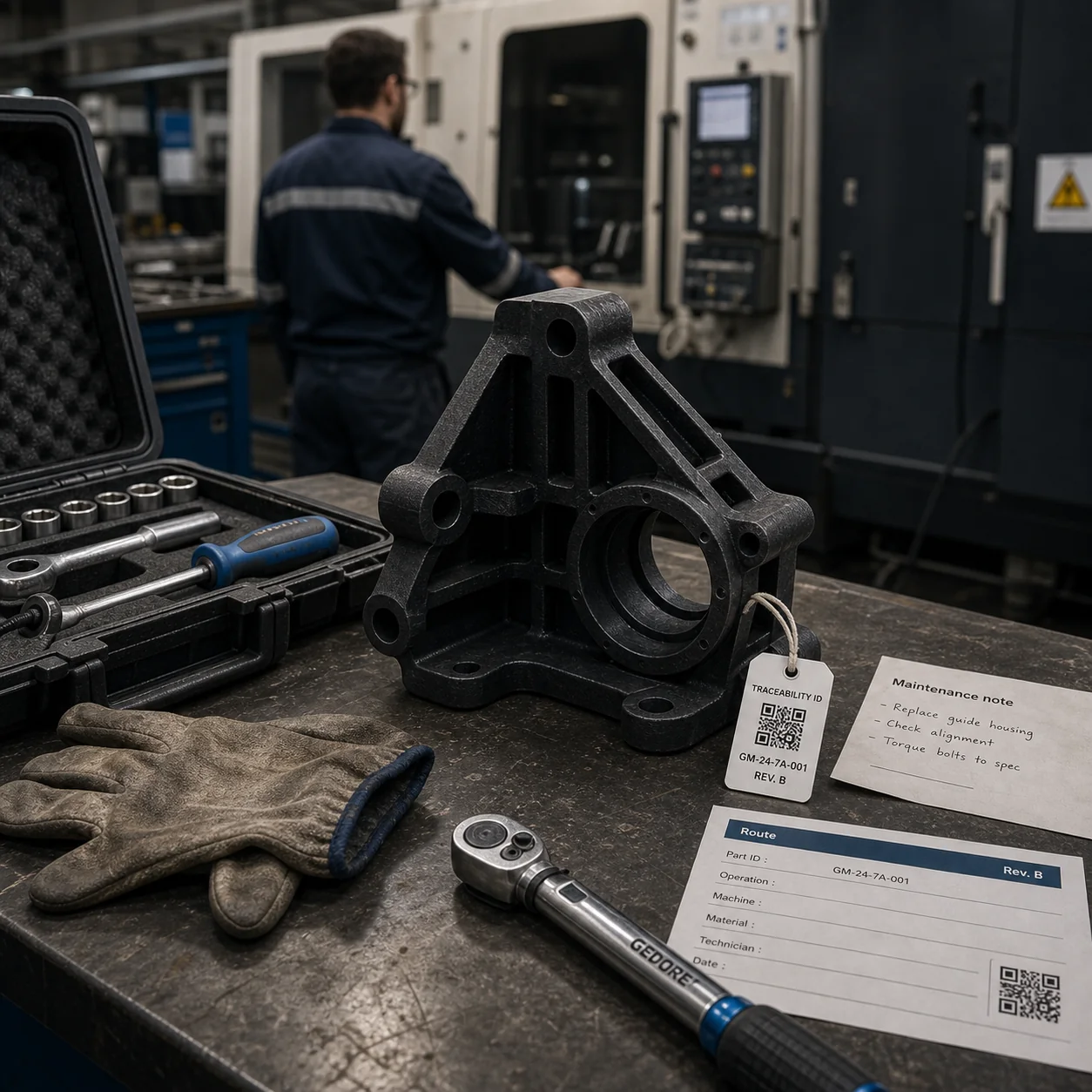Interface GhostMatter de maintenance industrielle montrant une pièce machine critique préparée avec route de production approuvée, contrôles qualité et traçabilité avant l'urgence.