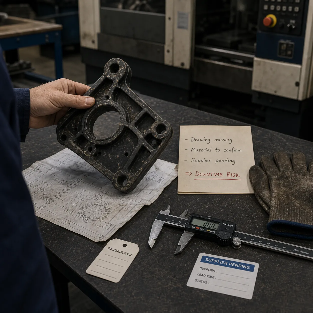 Machine industrielle en maintenance avec blocages de préparation GhostMatter montrant documentation manquante, validation matière, délai fournisseur et approbations en attente.