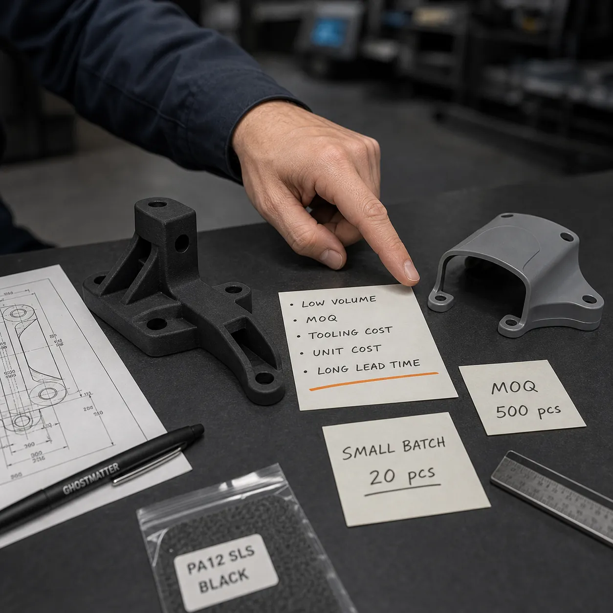 Revue de pièces industrielles faible volume montrant MOQ, coût d'outillage, coût unitaire et contraintes de sourcing en petit lot.