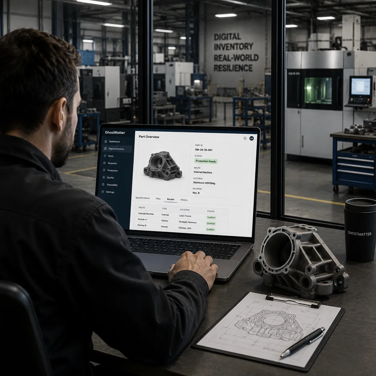 Workflow d'inventaire numérique GhostMatter montrant données pièce prêtes pour la production, routes qualifiées, plan technique et préparation à la fabrication locale pour réduire les coûts d'inventaire.