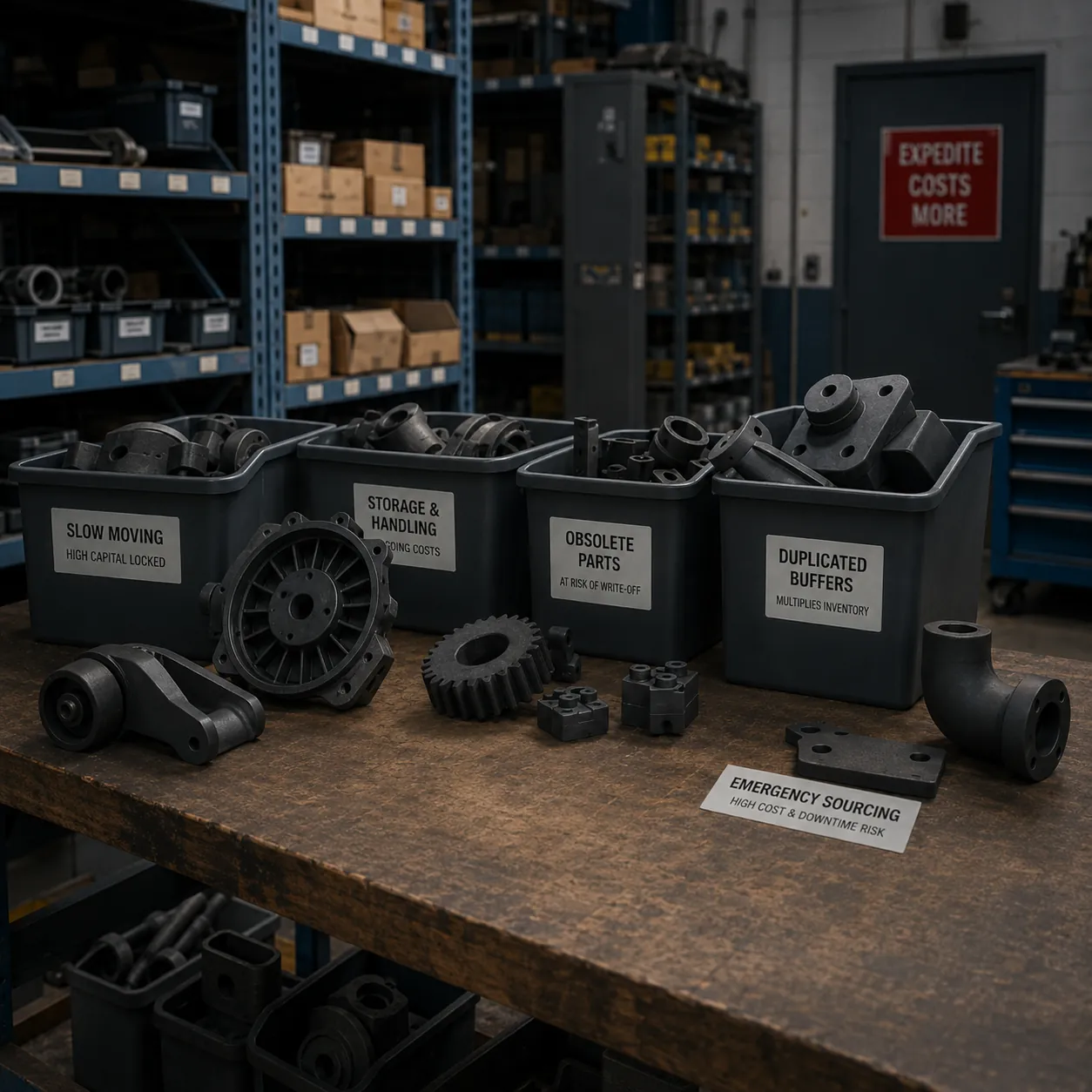 Bacs d'inventaire industriel montrant stock lent, coûts de stockage et manutention, pièces obsolètes, tampons dupliqués et risque de sourcing d'urgence.