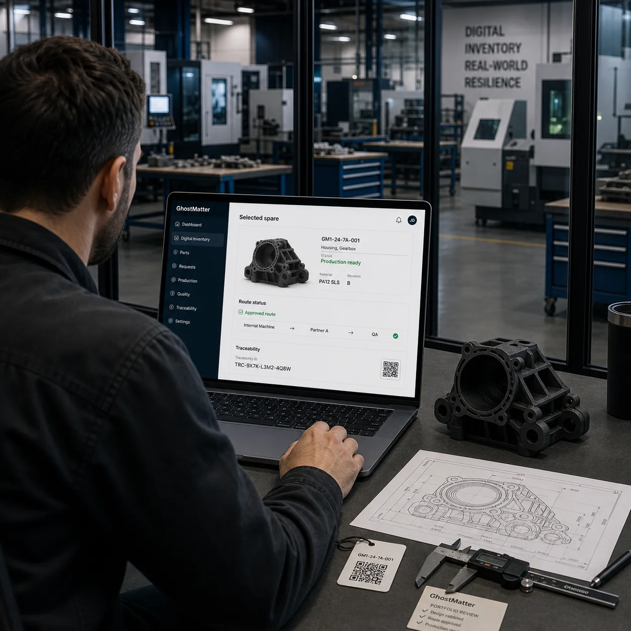 Interface de portefeuille de pièces de rechange GhostMatter montrant rechanges critiques, routes approuvées, risque stock, préparation à la production et traçabilité dans un magasin maintenance.