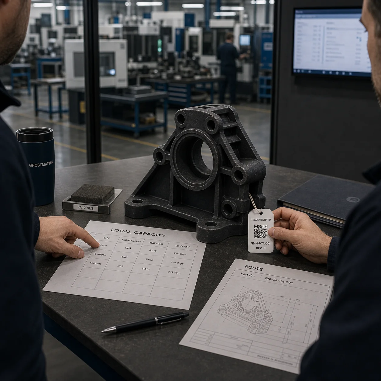 Vue de commande GhostMatter pour la résilience supply chain montrant risque de disruption fournisseur, inventaire numérique approuvé, capacité de production locale, preuves qualité et activation traçable.